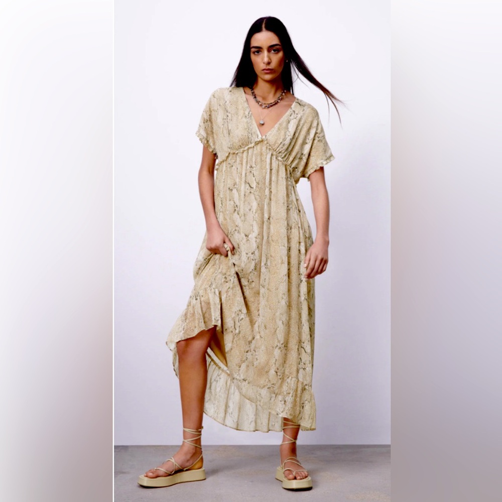 Zara Snakeskin Printed Midi Dress Dress in Cream Beige, Gold
